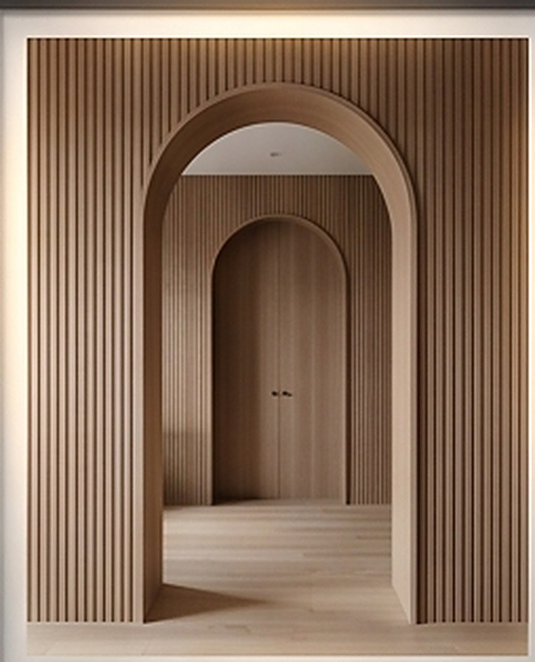 Fluted oak gallery with arched passage